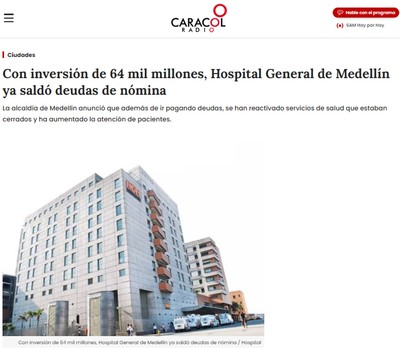 Así nos ven los medios: Con inversión de 64 mil millones, Hospital General de Medellín ya saldó deudas de nómina