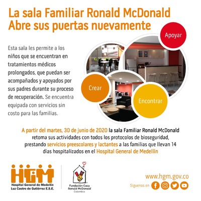 La Sala Ronald Mc Donald sede Medellín, reabre sus servicios en el HGM